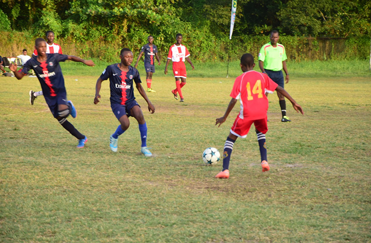 Part of Thursday’s action in the Guyoil/Tradewind tankers school football league at the Ministry of Education (MoE) ground