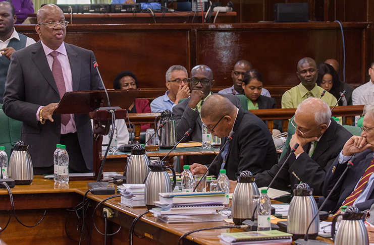 Finance Minister, Winston Jordan delivering his budget presentation in the National Assembly Monday afternoon (Samuel Maughn photo)