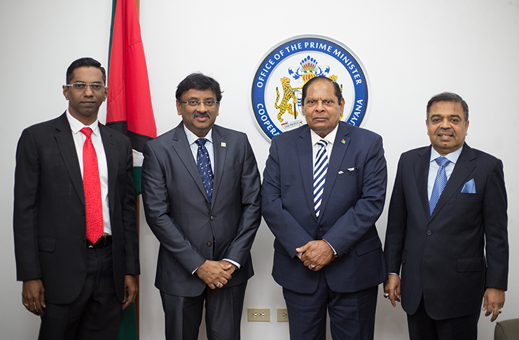 Prime Minister Moses Nagamootoo with Dr. Kenneth Eswaran, Executive Chairman of Pinehill Pacific Berhad and President of Johor Indian Chamber of Commerce and Industry (Johor ICCI); Venkatesh Kumar, CEO of Quantum Medical Solutions and Manicham Subramaniam, Chief Private Secretary to Executive Chairman of Pinehill Pacific Berhad and President of Johor ICCI