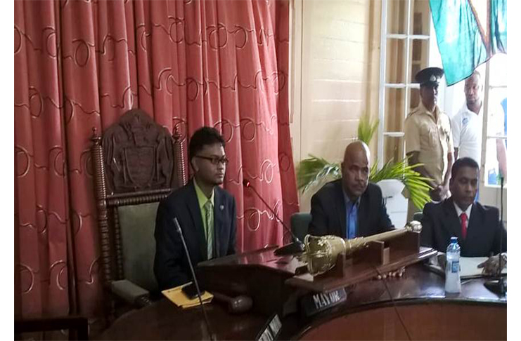 Newly-elected Mayor of Georgetown , Pandit Ubraj Narine (left) and other elected councillors of the municipality. (Telesha Ramnarine photo)