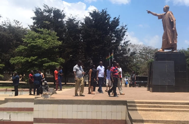 Tourists at the Dr. Kwame Nkrumah Memorial Park in Accra, Ghana. This West African country is very serious about Tourism, having declared 2019 as, "The Year of Return". Here at this Memorial Park, is the body of Ghana's first president, Dr.  Kwame Nkrumah, who was overthrown in a bloody coup d'etat, and died abroad in Guinea. However, his body was returned and reburied at this park, which was established to his honour and memory. It is one of Ghana's top tourist attractions. I took this photo on September 29, while on a visit to Ghana.