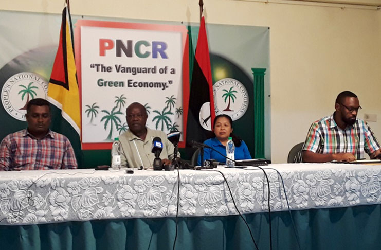 Members of the PNCR at Friday’s press briefing. From left, are PNCR Region Three Executive member Ganesh Mahipaul , Minister of Public Affairs Dawn Hastings and PNCR Executive member Christopher Jones