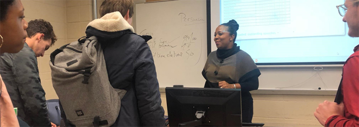 Carolyn Walcott, former head of the University of Guyana Centre for Communication Studies, currently pursuing a PhD. in Communication at Georgia State University, Atlanta, Georgia, during a lecture presentation. (Guyana Business Journal  photo)