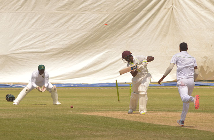 Keemo Paul uprooted the off stump of
Shermon Lewis. (Adrine Narine photos)