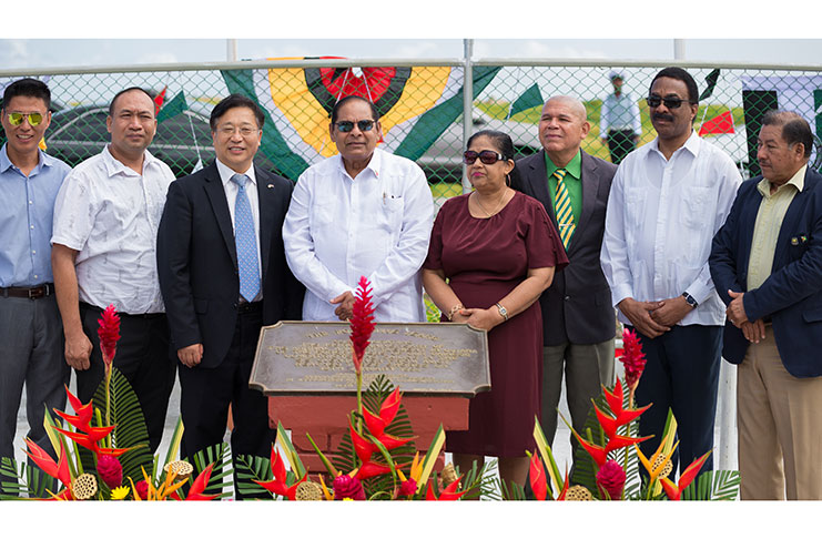 Prime Minister Moses Nagamootoo and Mrs Nagamootoo (centre) share a moment with Ambassador of the People’s Republic of China to Guyana, Cui Jianchun (third from left) and other senior government officials (Delano Williams photo)