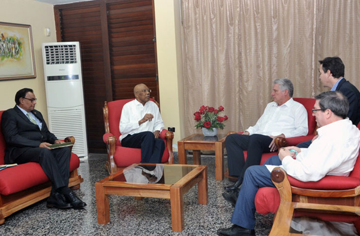 President David Granger met with Cuban President Miguel Diaz-Canel Bermudez on Friday. President Granger was accompanied by Guyana’s Ambassador to Cuba Halim Majeed, while the Cuban President was accompanied by his Foreign Minister Bruno Rodriguez Parrilla (Photo courtesy of the Ministry of the Presidency)