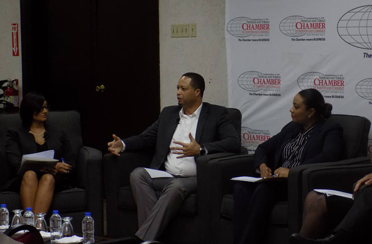 Manager of the Trade and Business Development Unit of the Trinidad and Tobago Chamber of Industry and Commerce, Rianna Paul, (left); CEO of the Guyana Office for Investment (Go-Invest)Owen Verwey; and Legal Services Leader of PricewaterhouseCoopers,  Angelique Bart participate in a panel discussion at the chamber's Westmoorings building (Trinidad and Tobago Newsday photo)