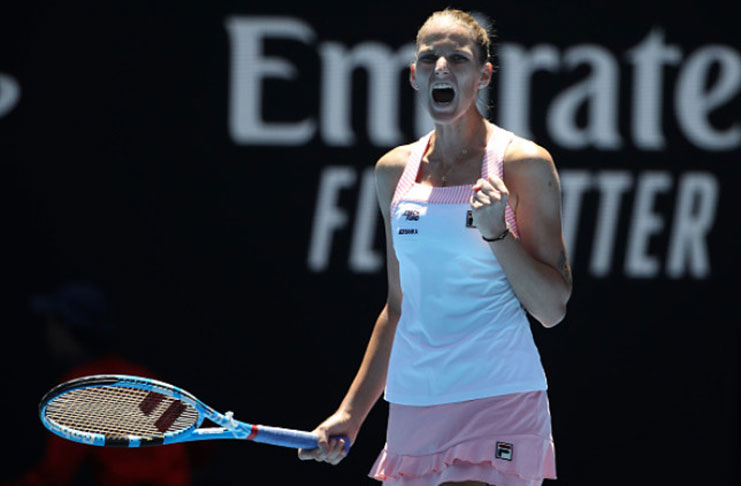 Karolina Pliskova celebrates her victory over Serena Williams in Melbourne.