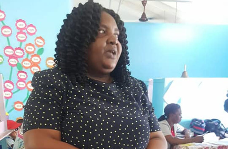 Region 10 (Upper Demerara-Upper Berbice) Nursery Field Officer Fayann Tappin- Benn speaks to parents at the Pine Street Nursery School on the successes of the National Curriculum Reform Project in the region