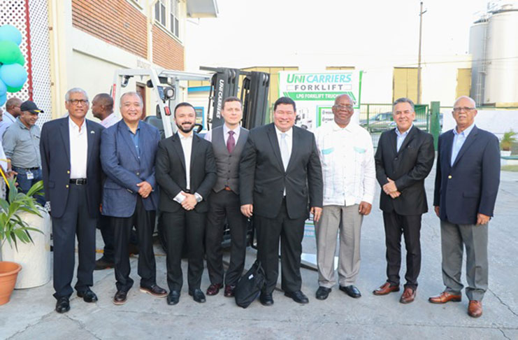 Minister of Finance Winston Jordan along with Mexico’s Ambassador to Guyana, Ivan Roberto Sierra-Medel; Banks DIH Chairman, Clifford Reis; UniCarriers’ Director of Sales for Latin America, Eduardo Torres and other officials at the launch on Friday