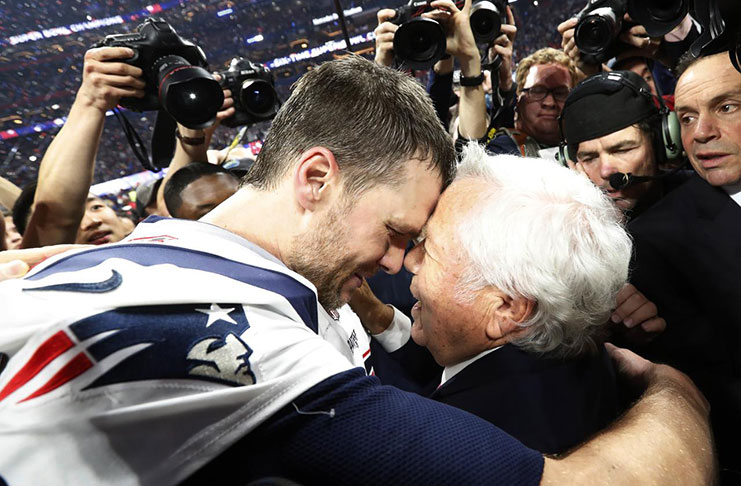 New England Patriots' Tom Brady and New England Patriots owner Robert Kraft celebrate winning the Super Bowl LIII. REUTERS/Kevin Lamarque