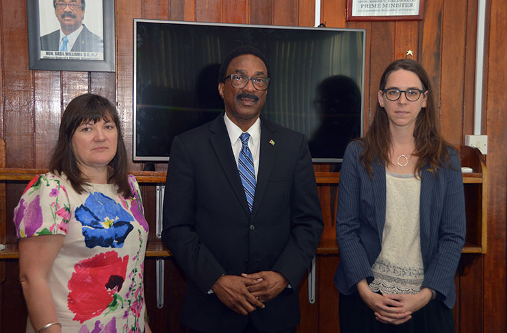 Attorney General Basil Williams (centre); Carter Center Associate Director, Brett Lacy (right); and Carter Centre Legal and Electoral Advisor Anne Marlborough following their meeting on Wednesday (Adrian Narine photo)