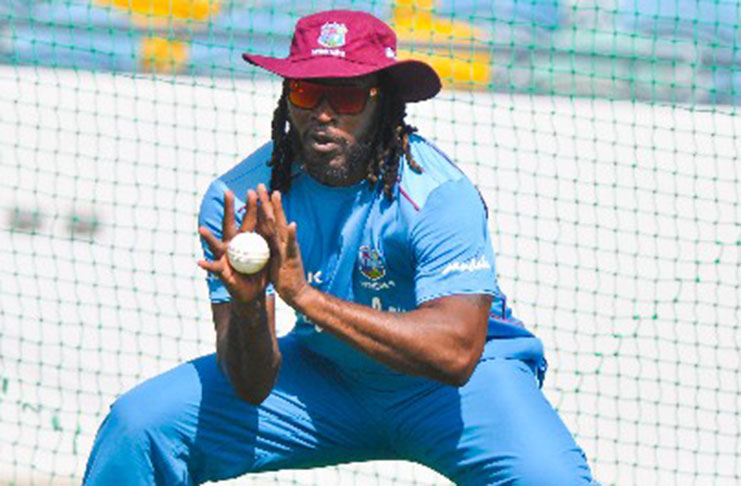 Chris Gayle goes through catching practice at Kensington Oval ahead of the opening ODI against England.
