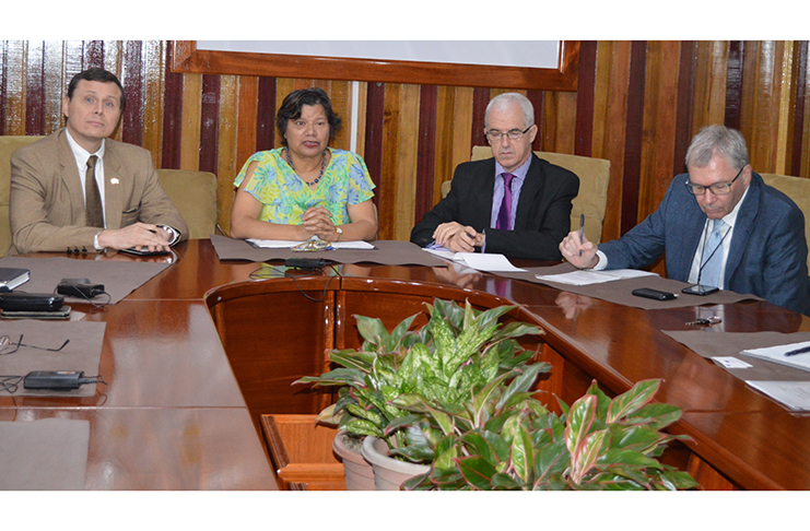 In photo (diplomats only) Seated left to right: Terry Steers Conzales - Deputy Chief of Mission, Embassy of the United States of America; Lilian Chatterjee - High Commissioner of Canada to Guyana; Ray Davidson-Deputy High Commissioner of the United Kingdom to Guyana and Philippe Coessens - Minister Counsellor / Deputy Head of Delegation, European Union