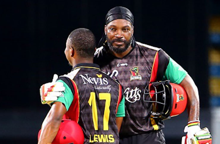 St Kitts Newis Patriots openers Chris Gayle (right) and Evin Lewis