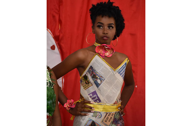 A participant with a dress made from newspaper, thus pushing the message of recycling to save the environment