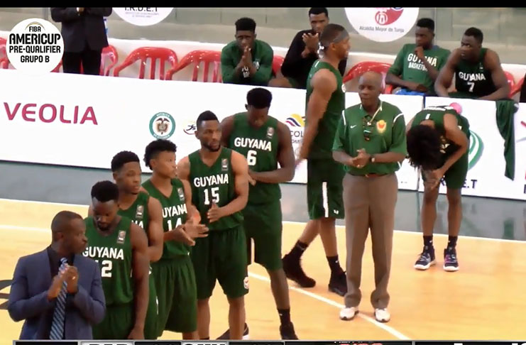 Team Guyana before their tip-off against Paraguay in the FIBA 2021 FIBA AmeriCup Pre-Qualifiers in Tunja, Colombia