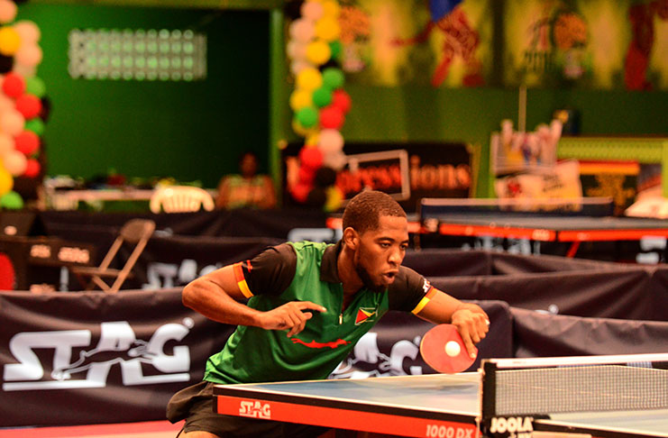 Guyana’s Shemar Britton is a picture of concentration during the teams’ competition at the Cliff Anderson Sports Hall. (Adrian Narine Photo)