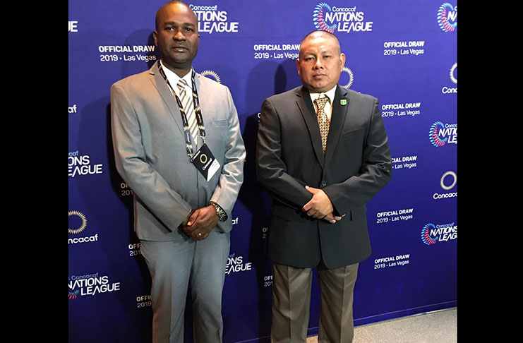 GFF president Wayne Forde (left) and GFF executive committee member Rayan Farias at Red Carpet welcome for the CONCACAF Nations League in Las Vegas.