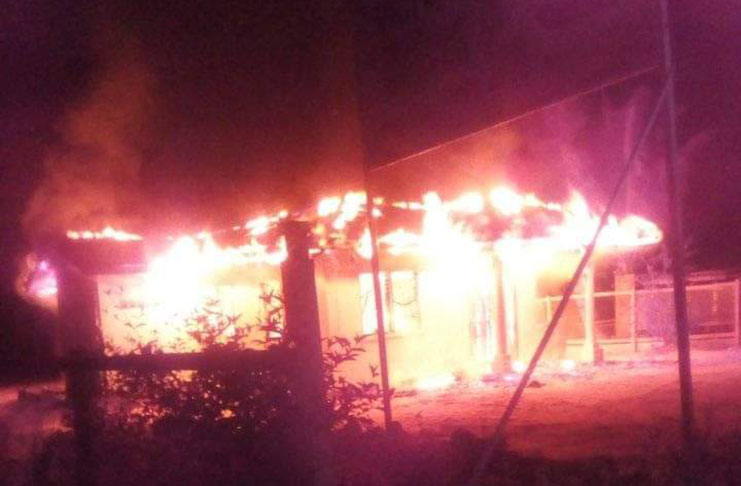 The Linden Johnson Community Centre in flames on Friday morning