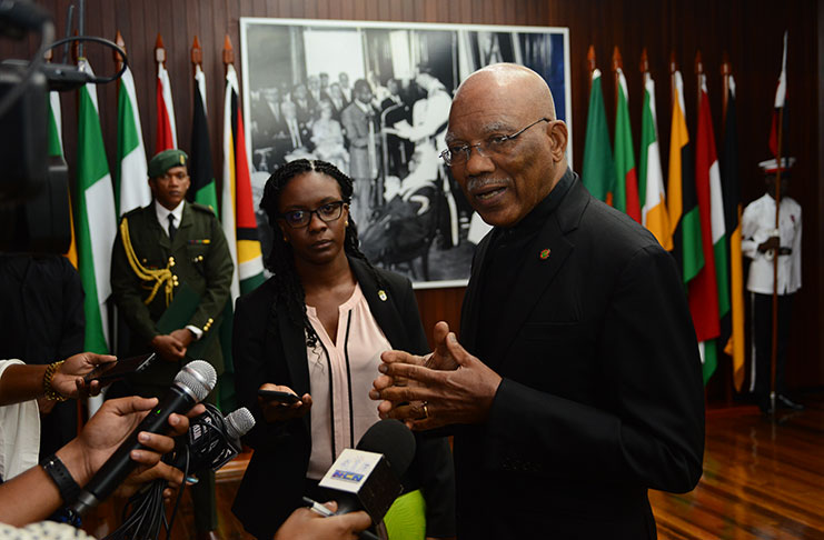 President David Granger speaking to media operatives on Government’s decision to approach Parliament through Cabinet for finances for GECOM. 
(Photo by Samuel Maughn )