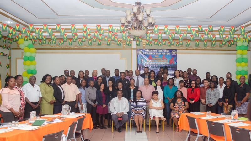 From left to right seated in from row: Minister of Public Security, Khemraj Ramjattan; Chancellor of the Judiciary, Justice Yonette Cummings-Edwards; Minister of Social Protection, Amna Ally; and Chief Magistrate Ann McLennan with participants at the one-day forum (Delano Williams photo)