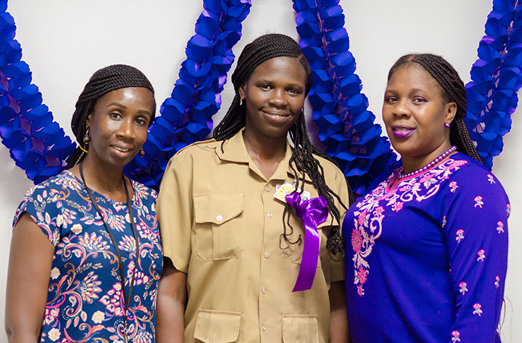 At centre is Manager in Charge of Post Offices in Guyana, Donnette Heywood flanked by Public Relations Officer Ag,Tiffani Ferrel (Right) and ‘Postman II’, Lashana Harcourt at the GPOC Board Room.  (Delano Williams photos)