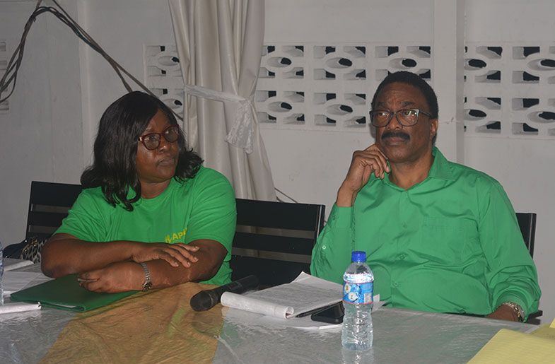 Attorney-General and Minister of Legal Affairs, Basil Williams and Minister within the Ministry of Public Health, Dr Karen Cummings at Sunday’s meeting with members of the North Haslington Co-operative Society