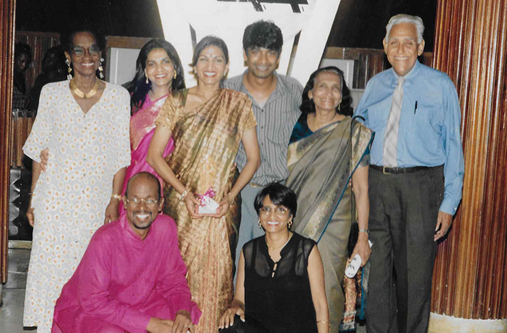 (Frpm left) Daphne Rogers - Administrator for the National Cultural Centre for years, Indranie Shah and Nadira Shah, Rajendra Shah, Bhanmattee Shah, Billy Pilgrim, Director of Culture for several years, Andre Subryan and Seeta Shah Roath (then Mohamed), in the front row.
