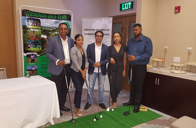 From left, Lusignan Golf Club president Aleem Hussain, Iman Cummings of the Corum Group, AMCHAM president Zulfikar Ali, Saskia Wyngaarde of RED Entertainment and AMCHAM and Richard Hanif, AMCHAM Golf Rep and local golfer at yesterday’s AMCHAM Open launch.