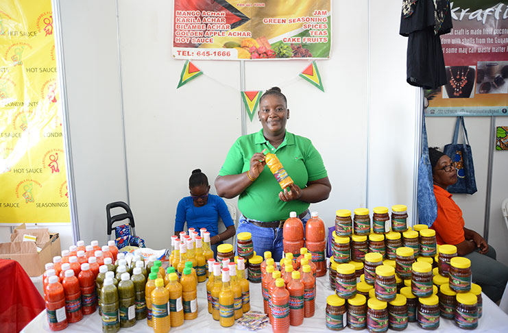 This young lady proudly displays one of the very many local products showcased at UncappeD Marketplace,
Guyana National Stadium, Providence, East Bank Demerara on Sunday (Samuel Maughn photo)
