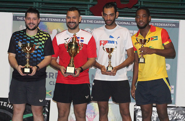 Men’s singles champion Dominican Emil Santos (second from left), silver medallist Puerto Rican Hector Berrios (left) and bronze medal winners Cuban Livan Martinez and Guyanese Shemar Britton (right).