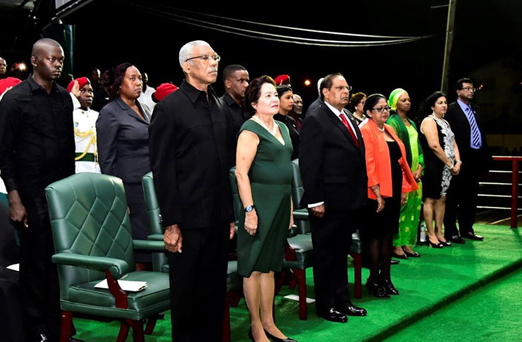 From left to right:  President David Granger and First Lady, Mrs. Sandra Granger along with Prime Minister Moses Nagamootoo and Mrs. Sita Nagamootoo at the 2017 Independence flag Raising Ceremony held at Durban Park.   Minister of Public Secuirty and Mrs, Ramjattan are also pictured first and second from right.