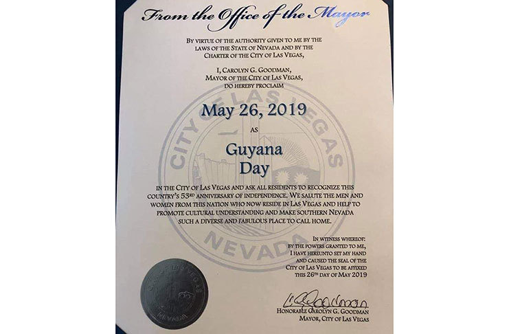 The Proclamation declaring May 26, 2019 as ‘Guyana Day’ in the City of Las Vegas, Nevada in the USA