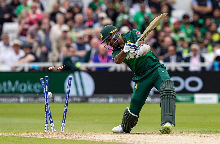 Wahab Riaz gets bowled by Oshane Thomas. (Getty Images)