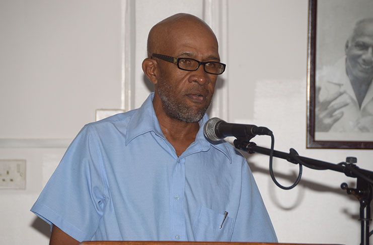Demerara Waves Publisher, Denis Chabrol, speaks to the audience on the needs of the press (Adrian Narine photo)