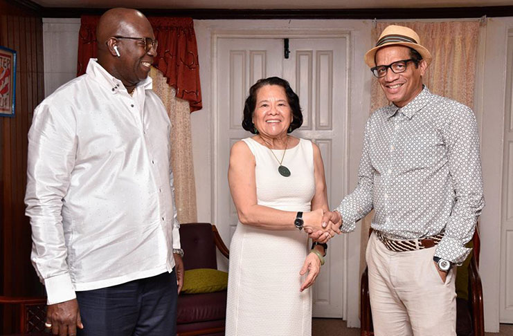 Guyana Fashion Showcase, Creative Director, Roger Gary (right) and Chief Executive Officer, Philbert Giddings, met with First Lady Sandra Granger at her State House office last month during preparations for the show (Photo credit MoTP)