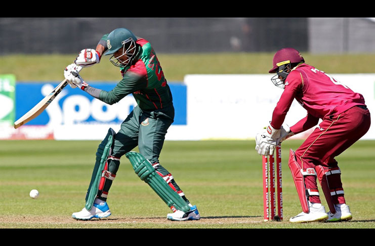 Soumya Sarkar plays off the back foot, Bangladesh v West Indies, Ireland tri-series, Dublin, yesterday. (AFP)