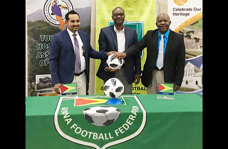 From left: Mitra Ramkumar, president of THAG; GFF president Wayne Forde and Department of Tourism Director-General Donald Sinclair. (Rawle Toney photo)