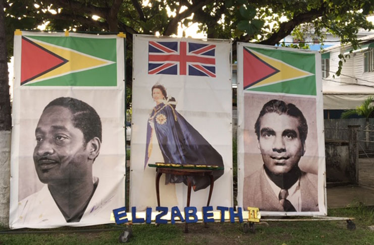 A Patriotic display on Brickdam in Georgetown by Dr. Don Gomes showing Presidents Burnham and Jagan and Queen Elizabeth ll (Photo by F.Q. Farrier)