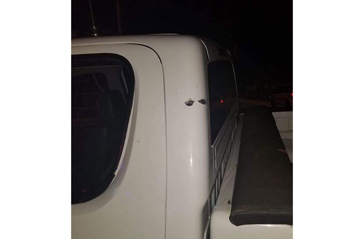 The police vehicle that came under fire from bandits on Saturday