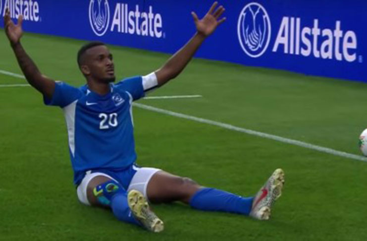 Stephane Abaul revels after scoring Martinique’s second goal.