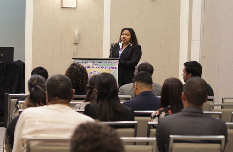 A Guyanese doctor making a presentation at the educational symposium held at the Marriott Hotel, as part of the Caribbean College of Surgeons’ conference held in Guyana [Vishani Ragobeer photos]
