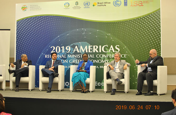 Minister of Education, Nicolette Henry (centre) underscoring the importance of putting the necessary policy and regulatory frameworks in place to foster a green economy, during the start of the 2019 Americas Regional Ministerial Conference on Green Economy. Minister Henry was joined by, from left: Roberto Liz, Director of Social and Economic Development in the Ministry of Economy, Planning and Development of the Dominican Republic; Ecuador’s Vice-Minister of Environment, Michael Castañeda; Director and United Nations Industrial Development Organisation (UNIDO) Representative, Regional Hub in Mexico, Guillermo Castella Lorenzo; and UNDP Istanbul Regional Hub, Green Economy and Employment, Programme Specialist Mihail Peleah