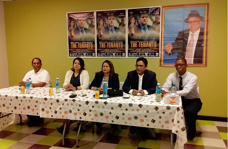 At Friday’s launch. From left are senior coordinator of the Subraj Foundation, Mahindro Jainarine; Subraj’s daughter, Jasmine Subraj; his wife, Nowatee Subraj; writer/director, Richard B. Mahase; and Assistant Manager of Caribbean Cinemas, Sherwin Bart