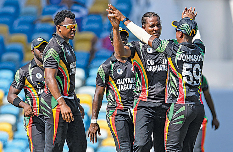 Guyana Jaguars captain Leon Johnson congratulates Clinton Pestano during a Regional game.