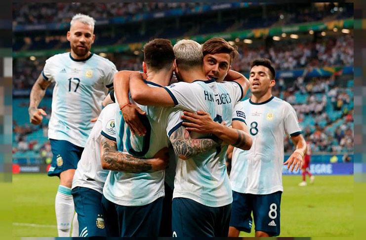 Porto Alegre, Brazil -  Argentina's Sergio Aguero celebrates scoring their second goal with team mates REUTERS/Henry Romero