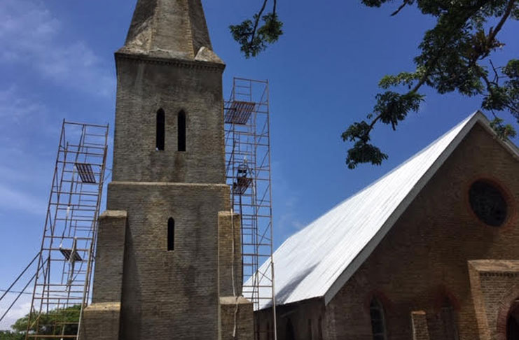 Scaffolding at present around the 190-year-old St. Peter's Anglican church at Leguan (Photo by Francis Q. Farrier)