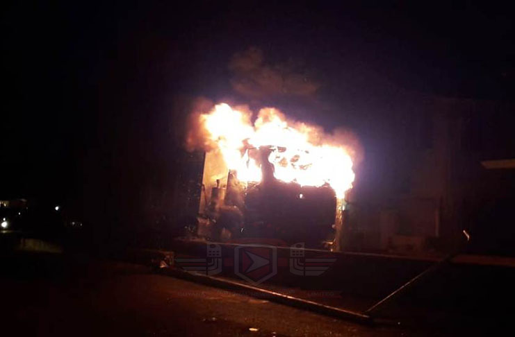 The truck on fire.