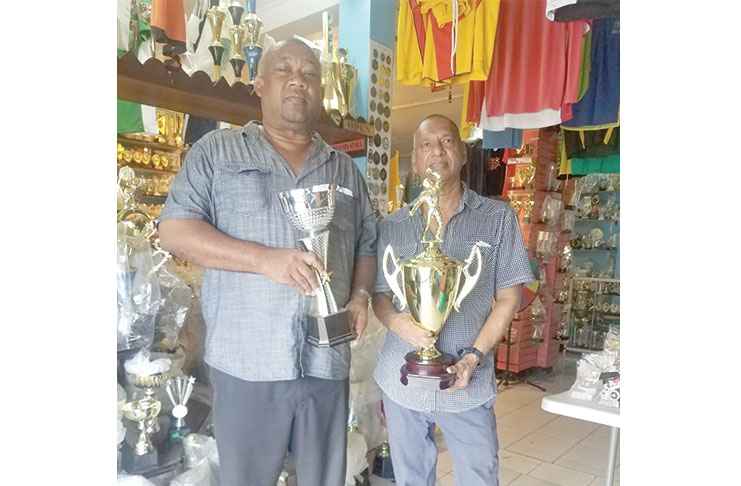 BCB president Hilbert Foster and Ramesh Sunich at the launch of the BCB/Trophy Stall Under-13 tournament, at the Port Mourant Branch.